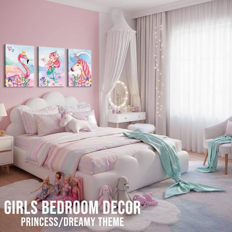 CANVASZON Unicorn Wall Decor Mermaid Flamingo Inspirational Framed Wall Art Prints Pink Horse Flower for Living Room Girls Room Decoration Pink Home Wall Decoration Girls Room Kids Bedroom Gift 3 Panels - Image 1